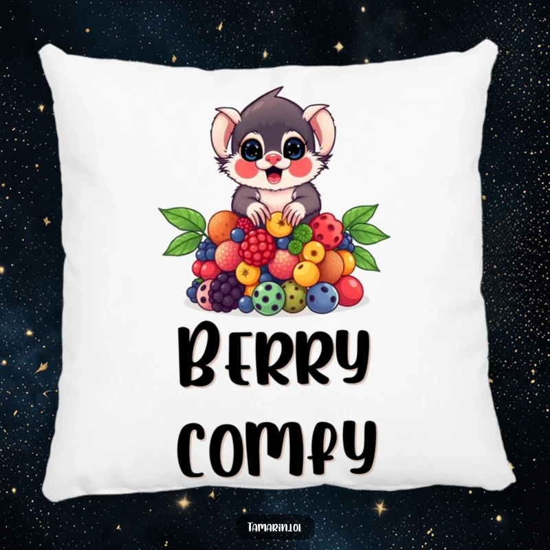 Funny Tamarin Pillow featuring a contented tamarin balancing a heap of colorful berries, adding charm to any room.