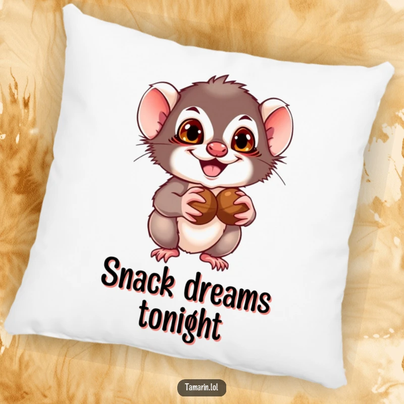Funny Tamarin Pillow: Features a tamarin with a mischievous grin holding nuts, ideal for a humorous and comfortable accent.