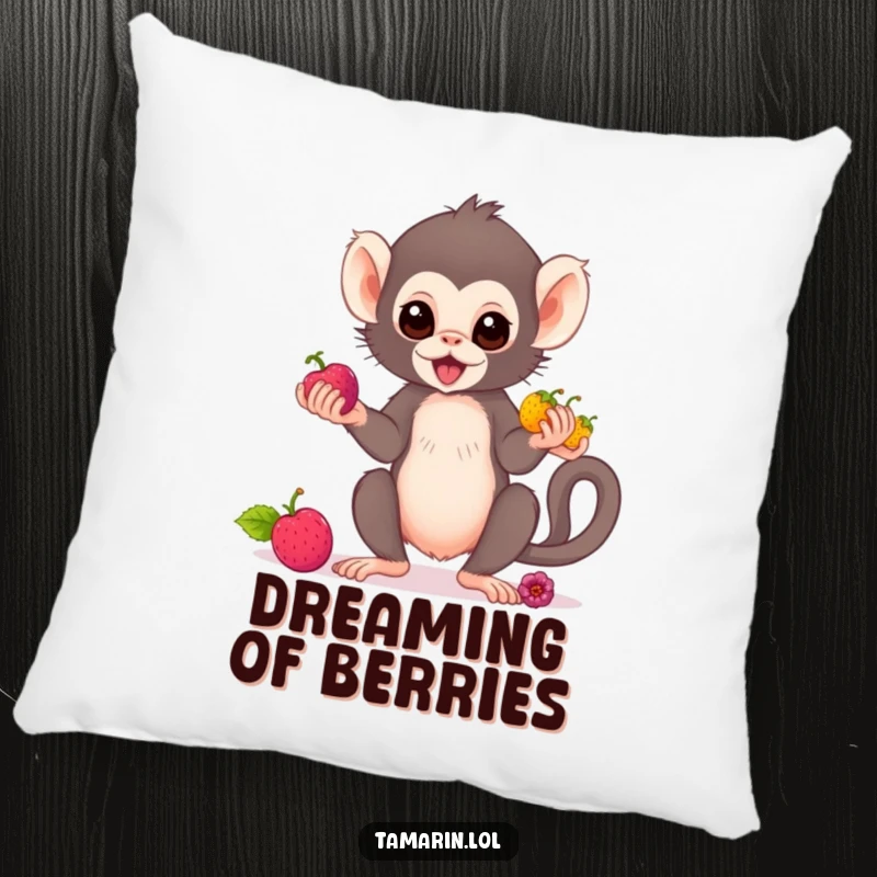Funny tamarin monkey pillow featuring a cute primate juggling bright berries, adding a playful and soft touch to decor.