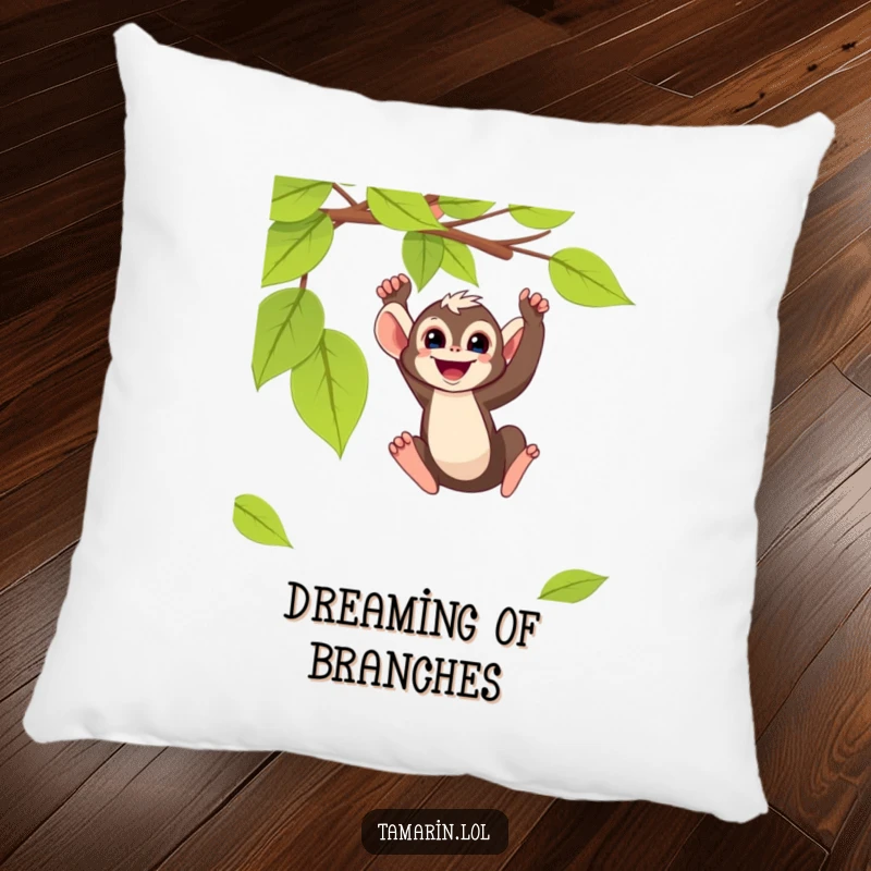 Funny tamarin monkey pillow showing a happy primate swinging from a vine, adding a touch of whimsical decor.