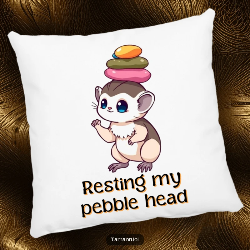 Funny tamarin pillow: a soft cushion depicting a monkey serenely balancing a pile of colorful, shiny pebbles on its head, offering comfort.