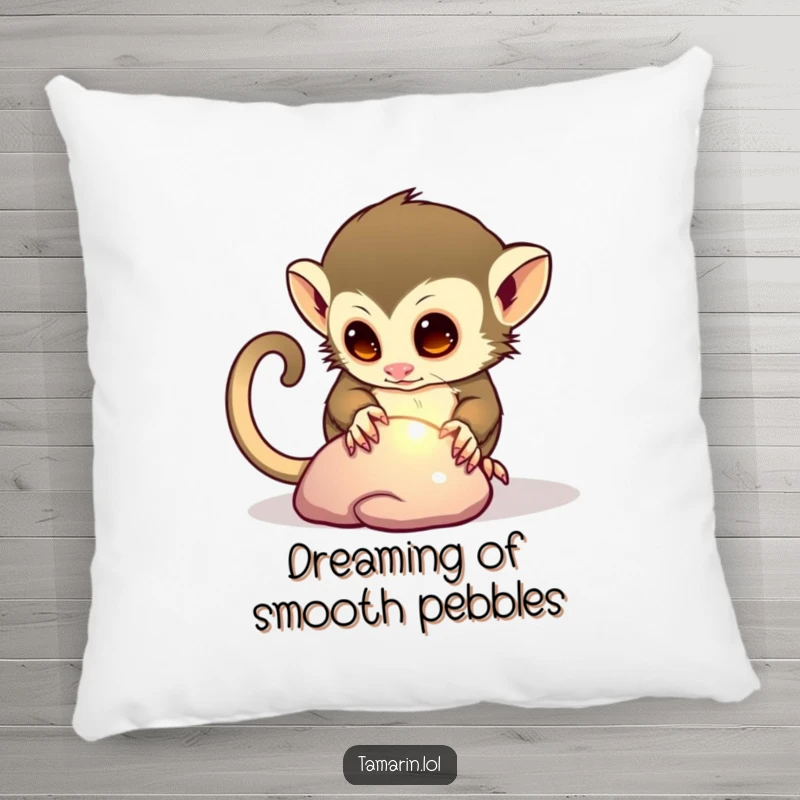 Funny pillow featuring a curious tamarin character observing a shiny pebble, offering comfort and a touch of humorous personality.
