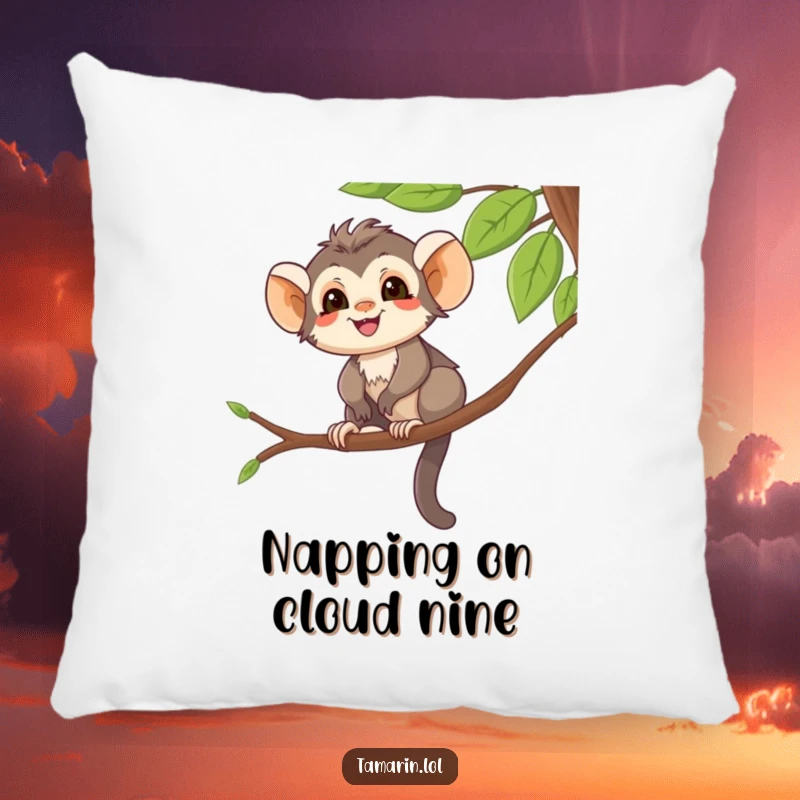 Funny Pillow with a smiling tamarin character balancing on a tree branch, perfect for adding playful decor.