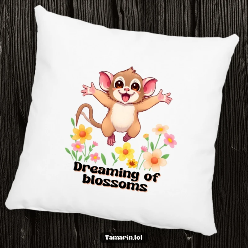 Funny pillow showcasing a tamarin with arms wide open, leaping through colorful flowers, offering comfort and humorous decor.
