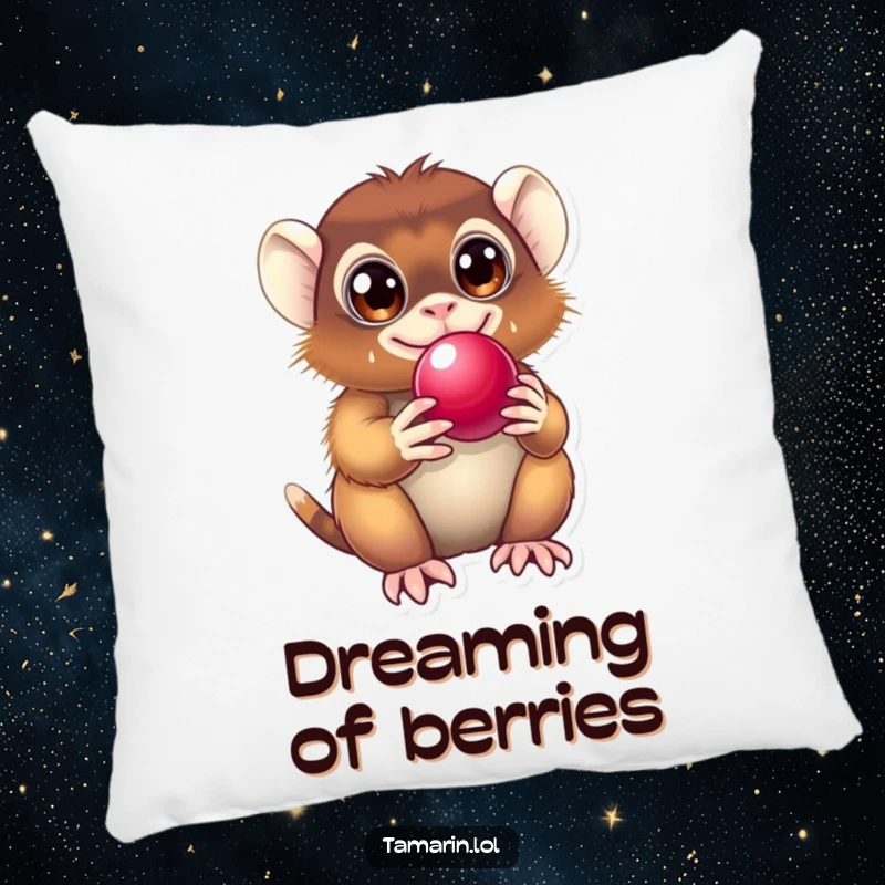 Funny Tamarin Pillow displaying a happy primate with delighted eyes, cherishing a shiny berry, perfect for cozying up.