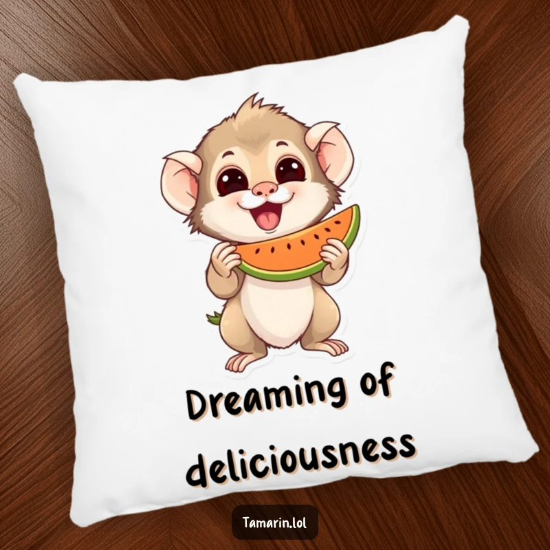 Funny Pillow with an excited tamarin character holding a juicy piece of fruit, perfect for adding fruity decor.