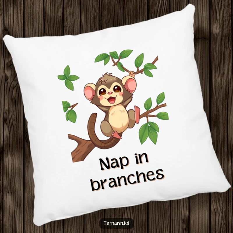 Funny Tamarin Pillow featuring a cheerful tamarin caught mid-swing, bringing lively jungle vibes to comfort.