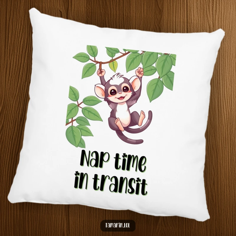 Funny Pillow with a cute tamarin character swinging from a vine, perfect for adding playful jungle decor.