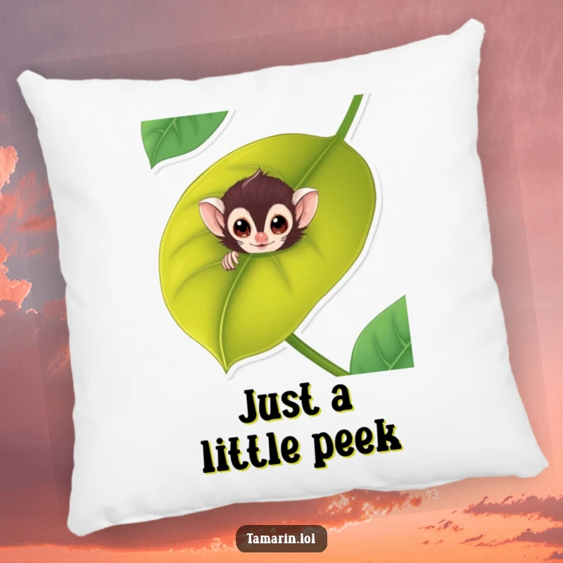Funny tamarin pillow displays a cute, curious monkey peeking from a large leaf, adding comfort and humor.