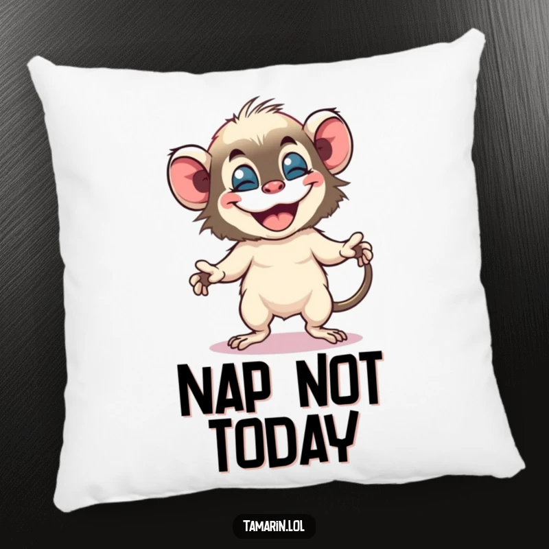 Funny tamarin pillow features a small, cute monkey dancing with a huge, happy grin, bringing cheer.