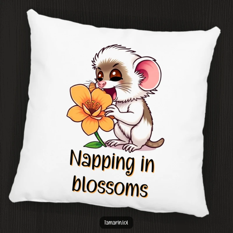 Funny tamarin monkey deeply sniffing a large, vibrant flower, presented on a soft and comfortable pillow.