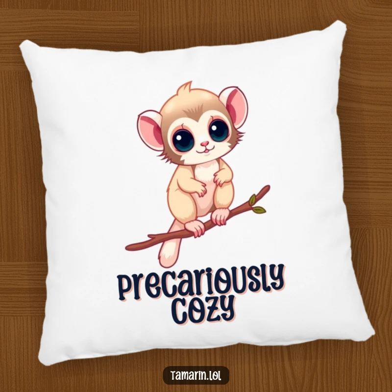 Funny Pillow: A tamarin balances on a thin twig with grace, representing skill and adventure, a great funny gift.