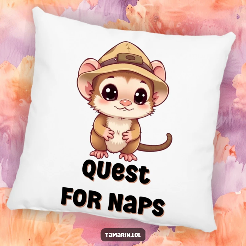 Funny tamarin pillow featuring a curious monkey in an explorer hat, offering humorous comfort and a sense of adventure.