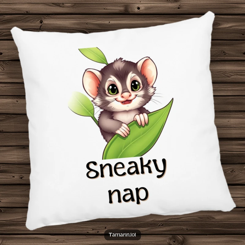 Funny Pillow: A tamarin peeks from a leaf with a mischievous grin, representing playful secrets, a great funny gift.
