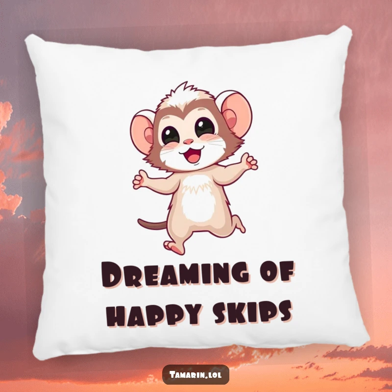 Funny tamarin pillow featuring a happy tamarin character doing a joyful skip, bringing cozy comfort and a touch of primate humor.