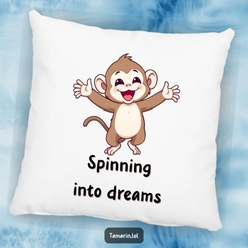 Funny pillow featuring a joyful tamarin monkey with arms wide, spinning around, offering comfort and a dose of pure elation.