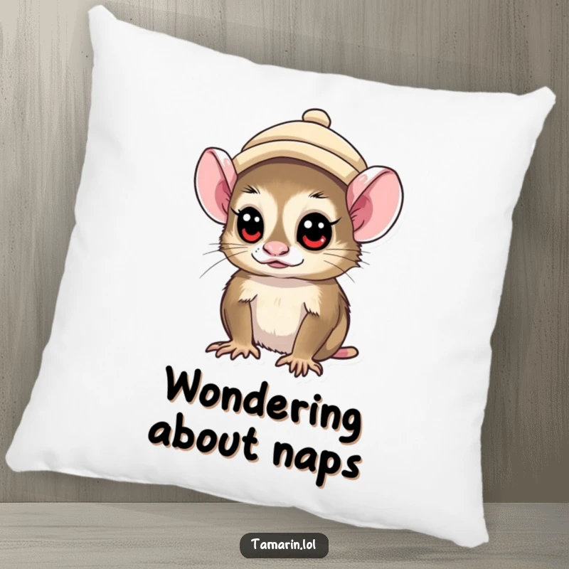 Funny tamarin monkey wearing a tiny hat, with a curious expression, presented on a soft and comfortable pillow.