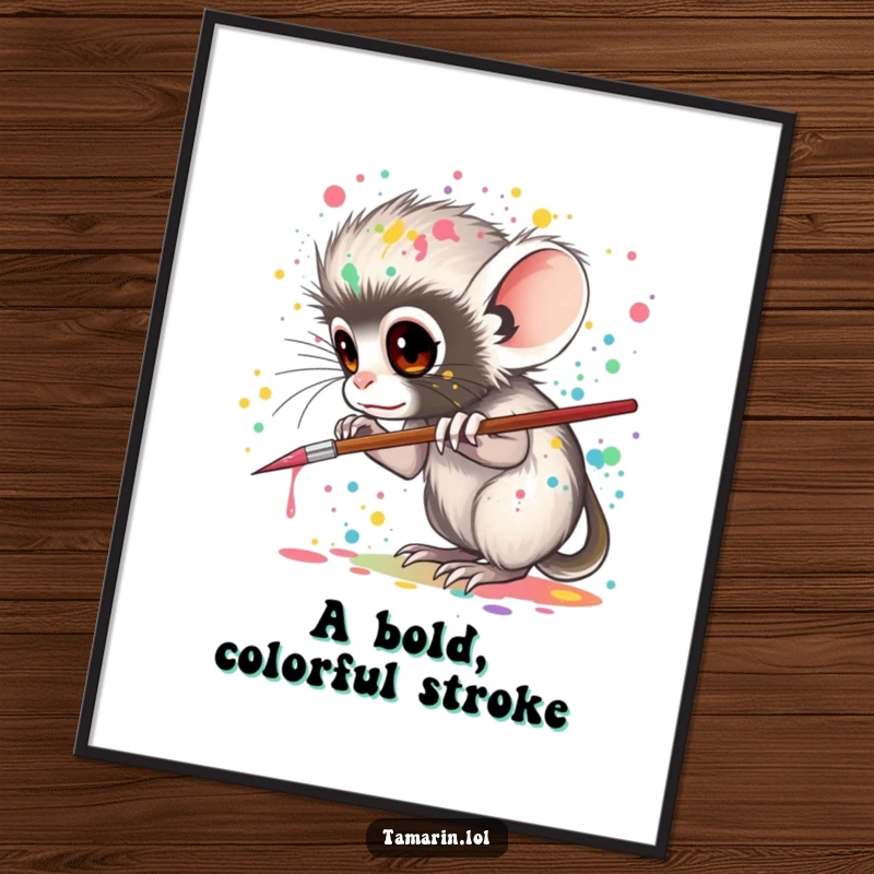 Funny tamarin digital art print, featuring a tamarin artistically splattering paint, perfect for vibrant, creative, and humorous wall art.