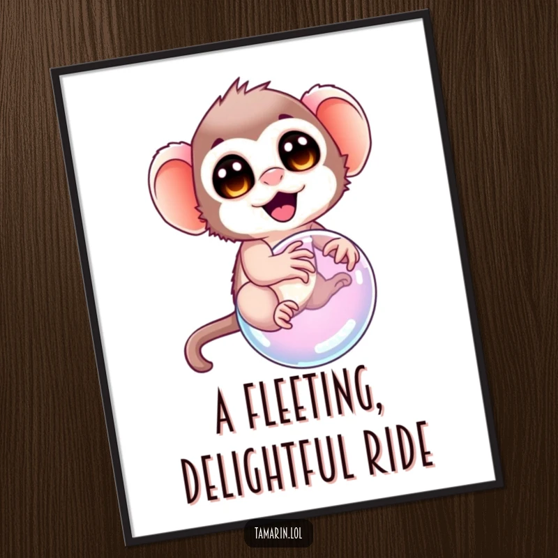 Funny tamarin digital art print, featuring a tamarin with delighted eyes attempting to ride a bubble, perfect for whimsical and humorous wall art.