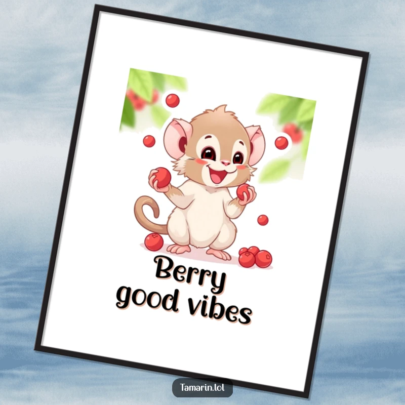 Funny digital print of a tamarin character gleefully juggling small, round berries with an expression of pure amusement.