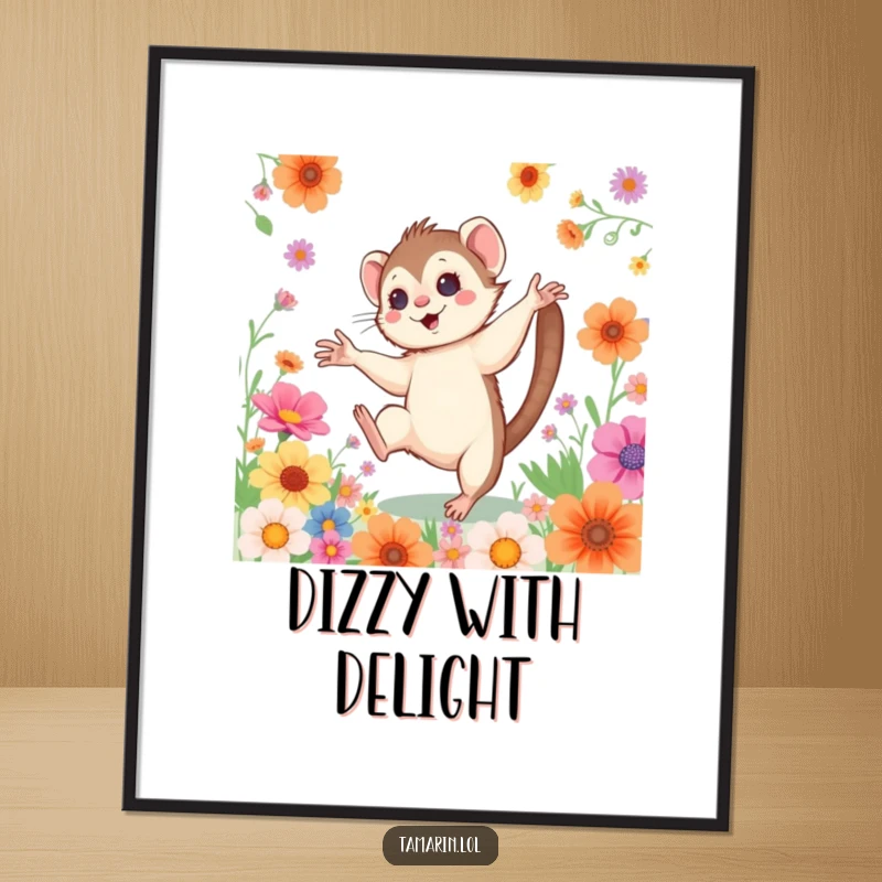 Funny Cartwheeling Tamarin Digital Art: A high-resolution printable featuring a rosy-cheeked monkey doing a cartwheel amidst colorful flowers, bringing instant vibrancy.