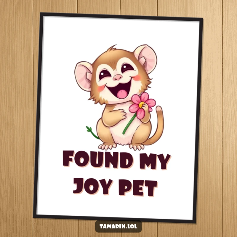 Funny tamarin digital art print of a monkey giggling joyfully while holding a flower, ready for instant download.