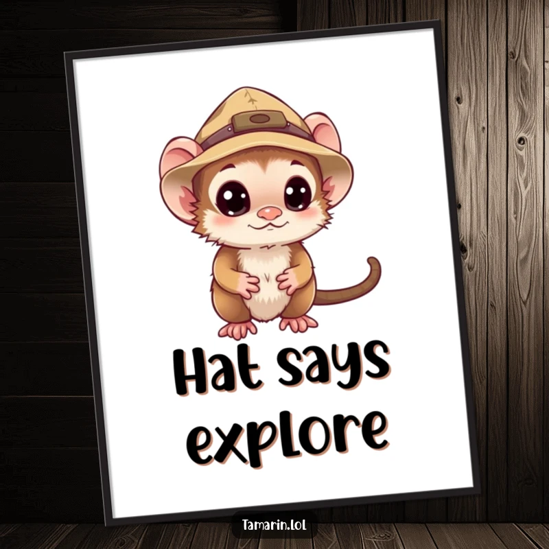 Funny tamarin digital art print of a monkey in an explorer hat, looking curiously, perfect for humorous digital decor.