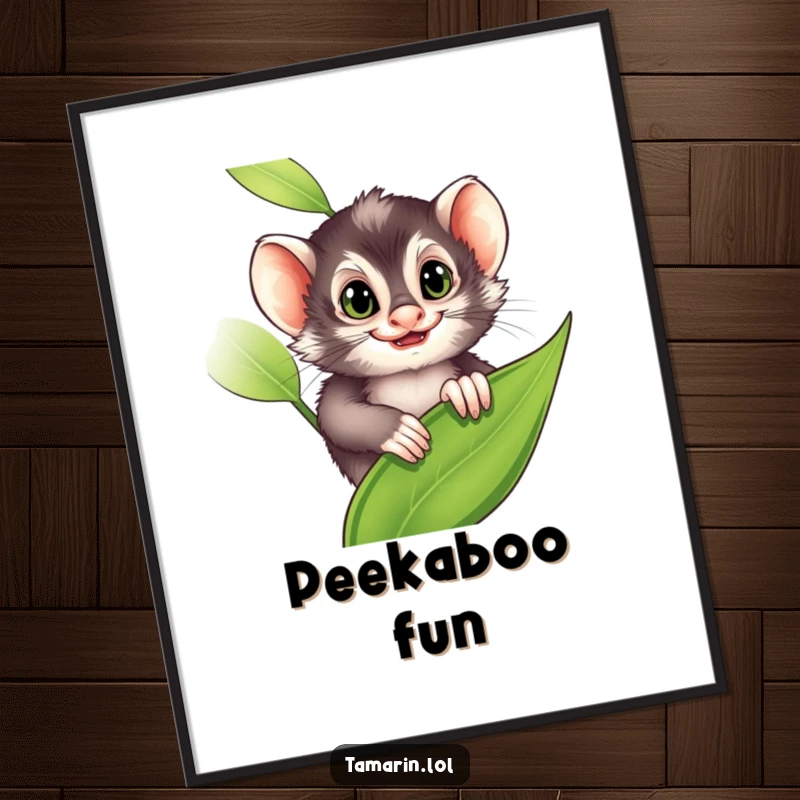 Funny Digital Art Print: A tamarin peeks from a leaf with a mischievous grin, symbolizing playful secrets, a perfect funny gift.