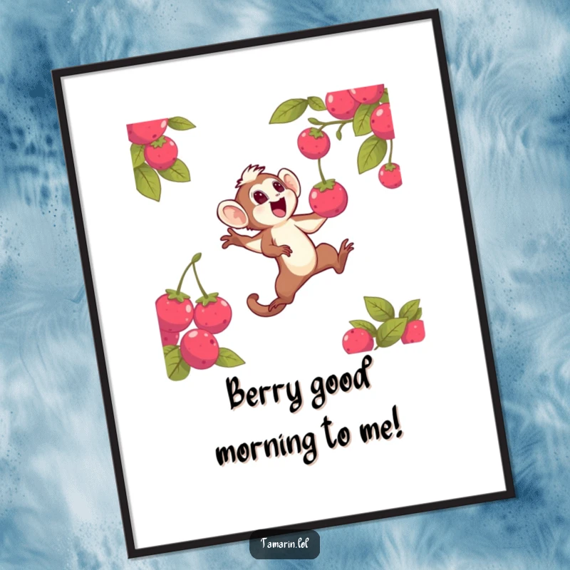 Funny digital art print of an agile tamarin character leaping with excitement to catch a radiant berry, a dynamic and humorous piece for any wall.