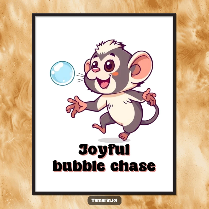Funny tamarin digital art print of a joyful monkey chasing a large, iridescent bubble, perfect for instant download.