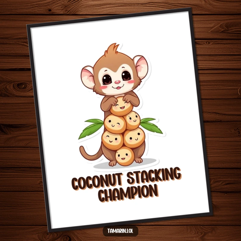 Funny Tamarin Coconut Balance Digital Art Print of a tamarin monkey balancing smiling coconuts, for instant decor.