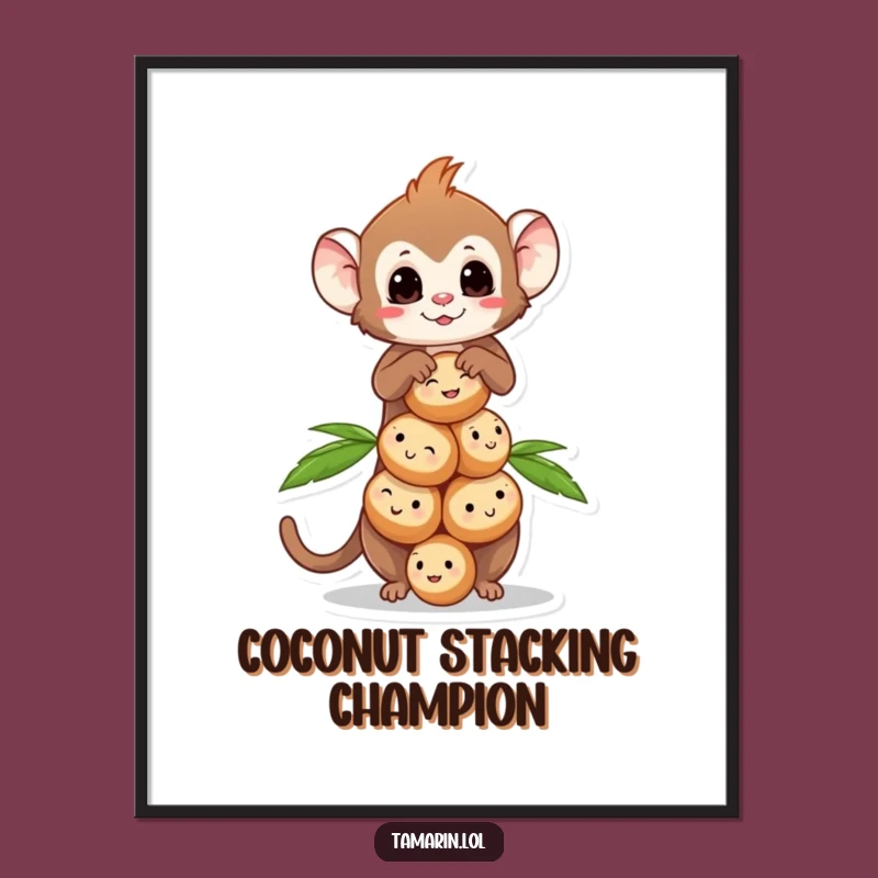 Funny Tamarin Coconut Balance Digital Print: Monkey Art, Instant Tropical Gift Decor
