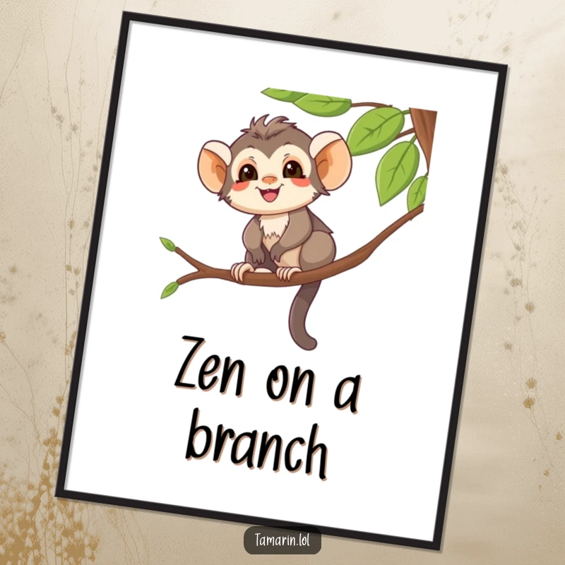Funny Digital Art Print of a smiling tamarin character balancing on a tree branch, perfect for playful jungle-themed decor.