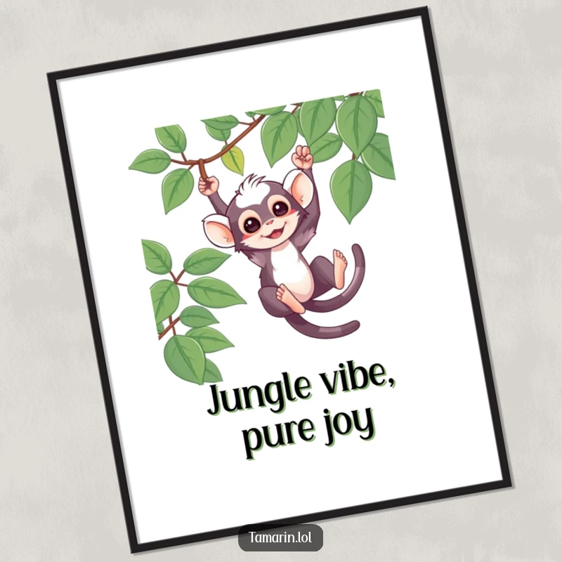 Funny Digital Art Print of a cute tamarin character swinging from a vine, perfect for playful jungle-themed decor.