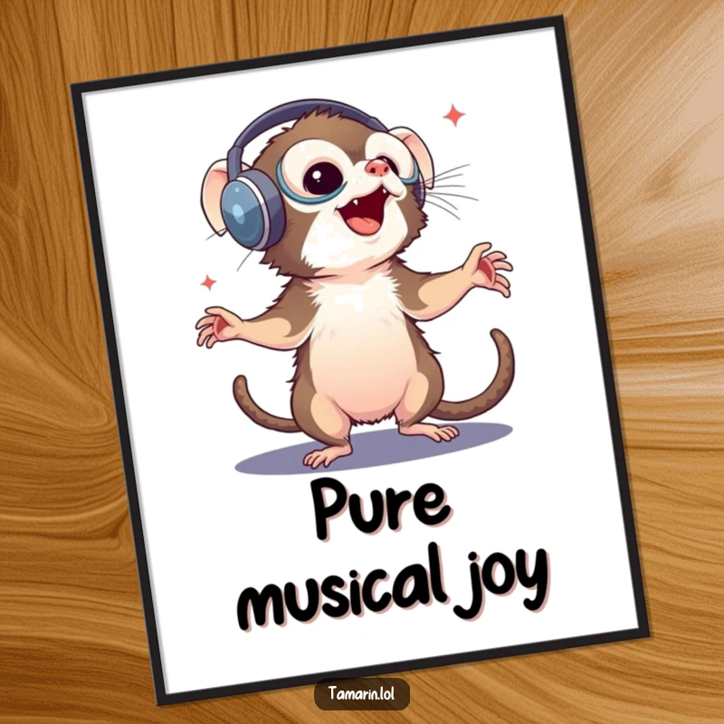 Funny tamarin digital art print: a high-quality image of a monkey with huge headphones dancing with pure delight, ready for instant download.