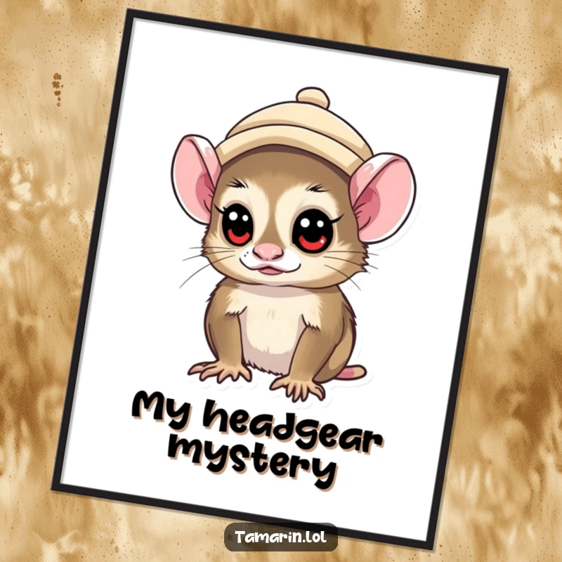 Funny tamarin monkey wearing a small hat, looking curiously, a charming and humorous digital art piece.