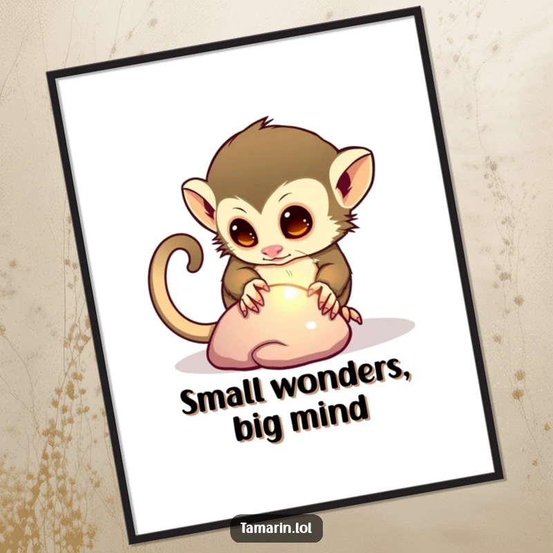 Funny digital art print of a curious tamarin character examining a shiny pebble, perfect for adding whimsical humor to any space.