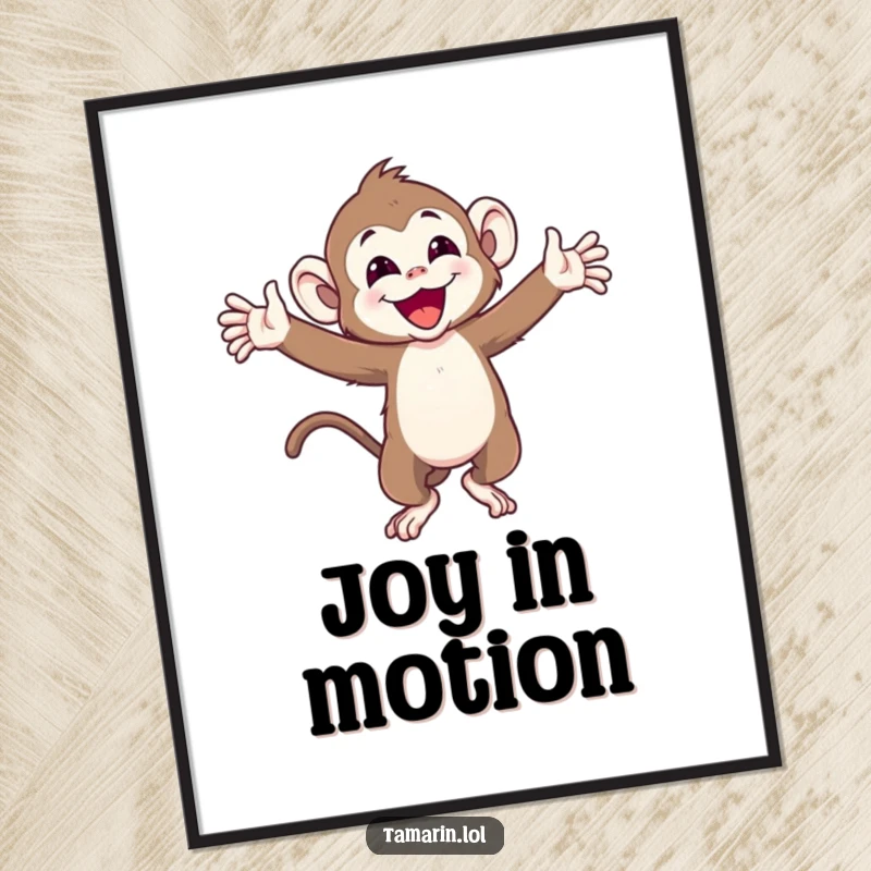 Funny digital art print of a joyful tamarin monkey with arms wide, spinning around, adding vibrant happiness to decor.