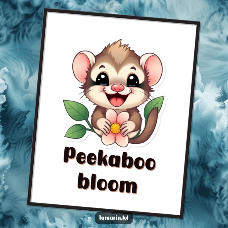 Funny tamarin flower peek digital art print, a happy tamarin joyfully peeking from behind a flower, creating a cute and joyful scene.