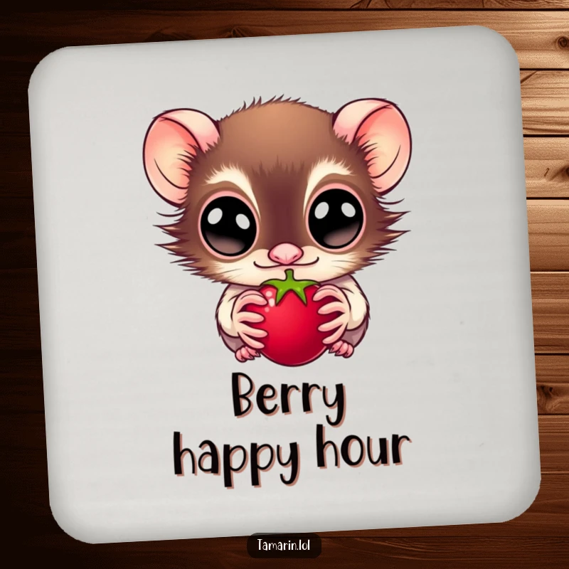 Funny drink coaster featuring a wide-eyed tamarin looking at a juicy berry, protecting surfaces with primate charm, a great funny gift.