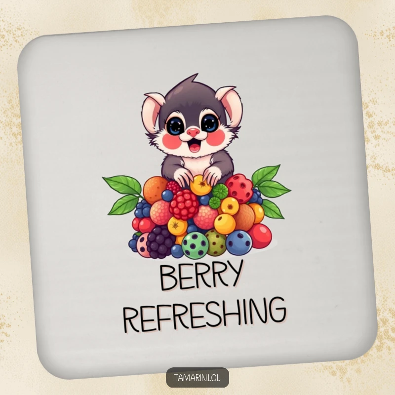 Funny Tamarin Coasters displaying a tamarin carefully balancing a stack of colorful berries, adding sweetness to your drinks.