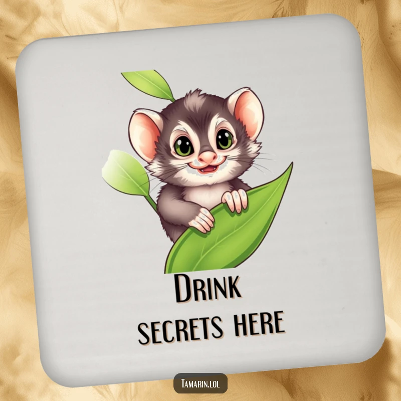 Funny Coaster: A tamarin peeks from a leaf with a mischievous grin, adding playful charm and surface protection, a wonderful funny gift.