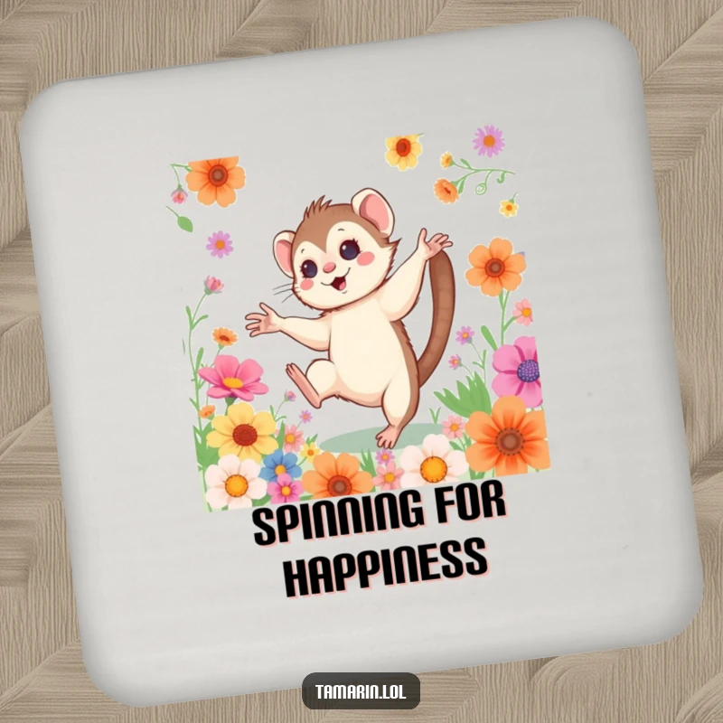Funny Cartwheeling Tamarin Coaster Set: A set of coasters featuring a monkey doing a cartwheel amongst flowers, bringing energetic charm to drink service.