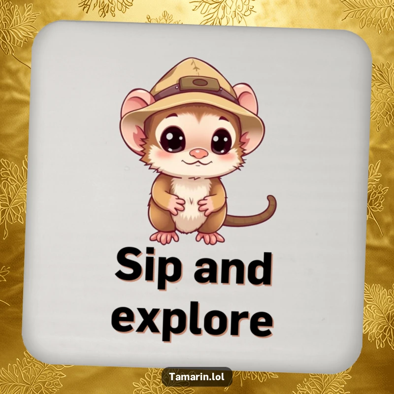 Funny tamarin drink coaster showing a curious monkey in an explorer hat, adding humorous charm and surface protection.