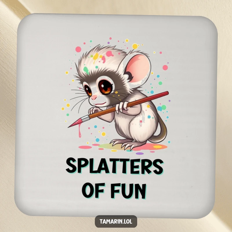 Funny tamarin drink coaster, illustrating a tamarin artistically splattering paint, adding a colorful and protective touch to any surface.