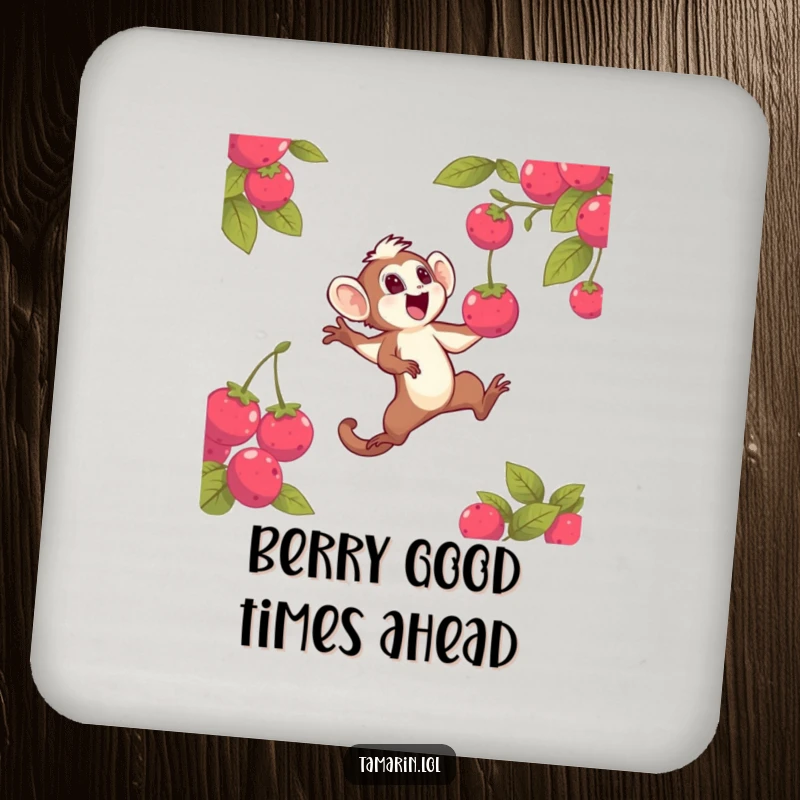 Funny drink coaster with a tamarin character leaping to catch a radiant berry, adding a humorous and protective element to any tabletop surface.