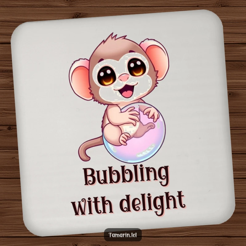 Funny tamarin drink coaster, illustrating a tamarin with delighted eyes attempting to ride a bubble, adding a whimsical and protective touch.