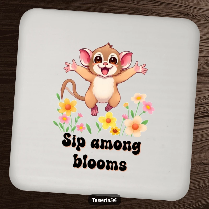 Funny coasters featuring a tamarin with arms wide open, leaping through colorful flowers, adding humor to drink protection.