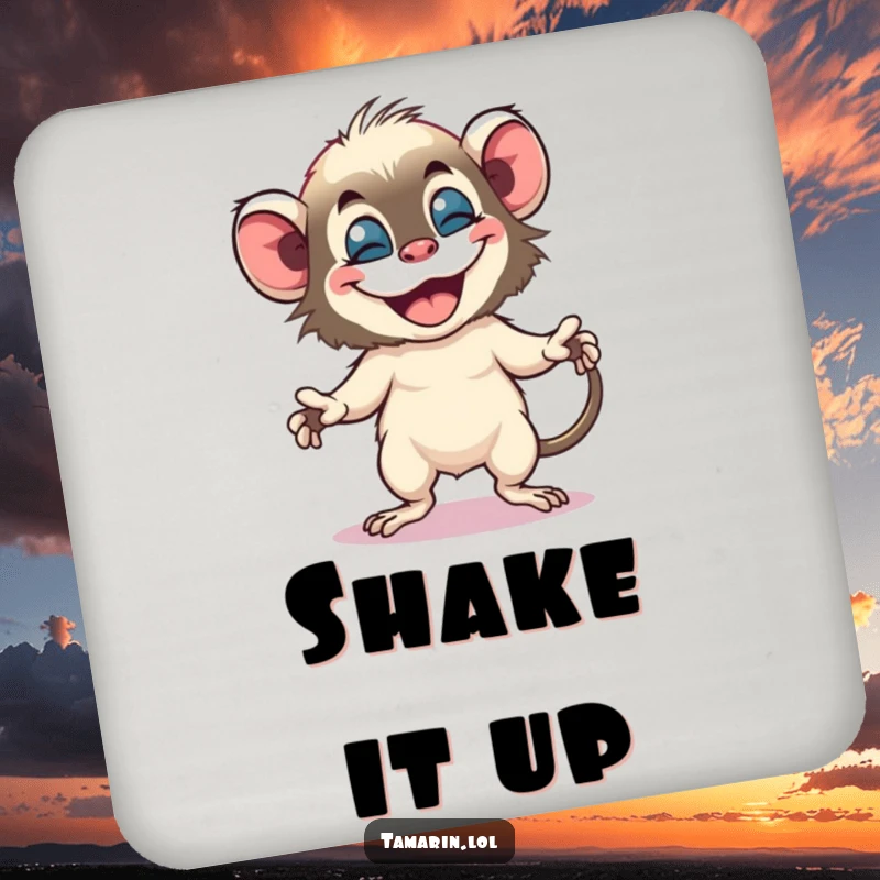 Funny tamarin drink coaster with a small monkey doing a bouncy dance with a huge grin, adding flair.