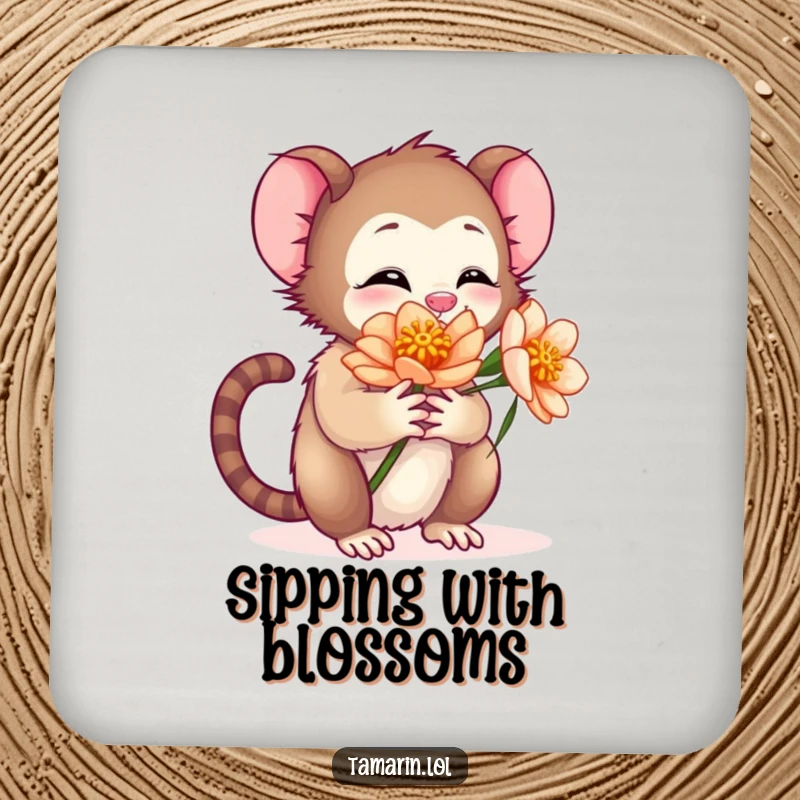 Funny drink coaster with a tamarin character giving a warm hug to a flower, perfect for protecting surfaces with a cute design.